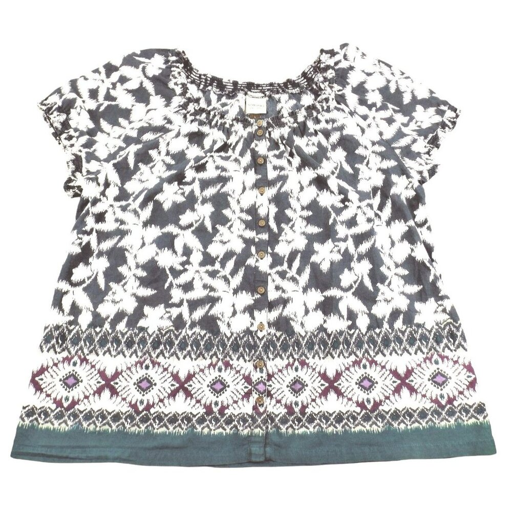 Sonoma Womans Blouse Top Gathered Neckline Button Front Gray White size L JH1053